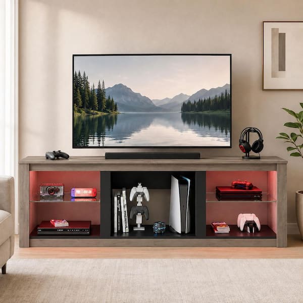 70 in. Wash Grey TV Stand Fits TV's up to 75 in. with Tempered Glass Shelves LED Lights and Large Open Storage