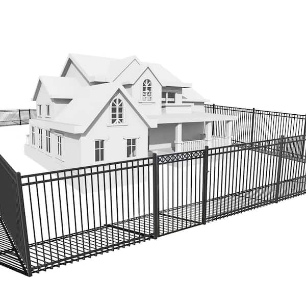 Fencer Wire 4 ft. x 6 ft. Heavy-Duty Spaced Bar Flat Top Metal Fence Panel with Decorative Fence Gate(Set of 76 ft. )
