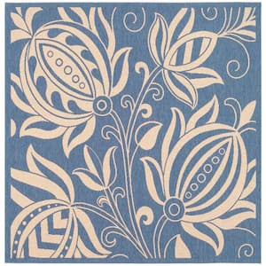 Courtyard Blue/Natural 8 ft. x 8 ft. Square Border Indoor/Outdoor Patio  Area Rug