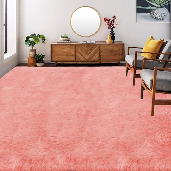 Latepis Sheepskin Faux Furry Pink Cozy Rugs 8 ft. x 10 ft. Area Rug