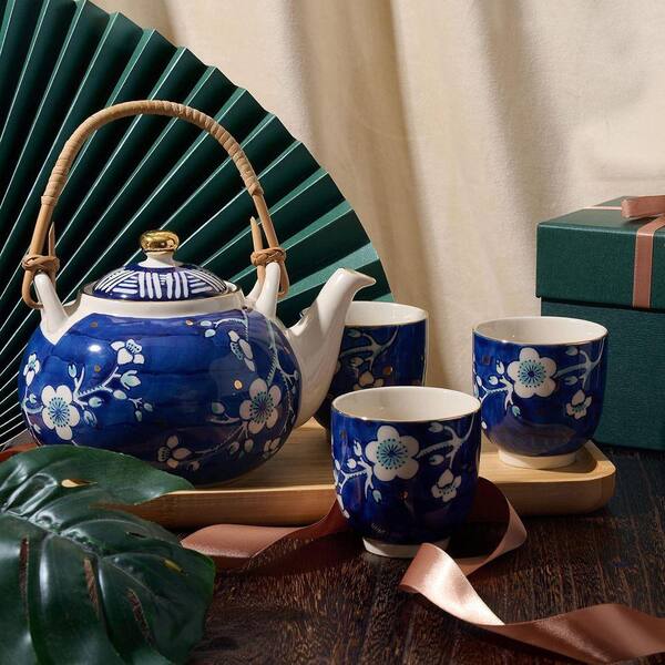 JFVKAF Handcrafted Japanese Ceramic Tea Set with Plum Blossom
