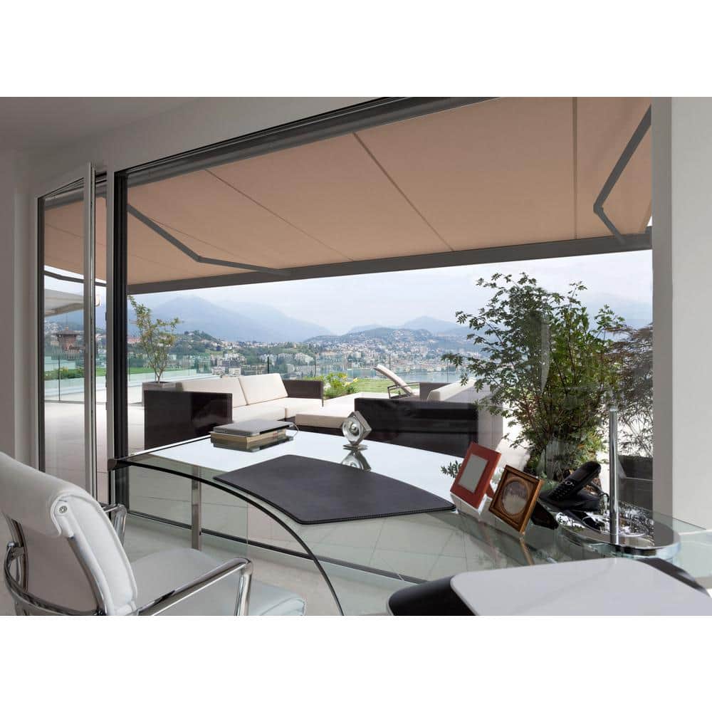 Classic Motorized Beige Acrylic Patio Awning with Aluminum Frame