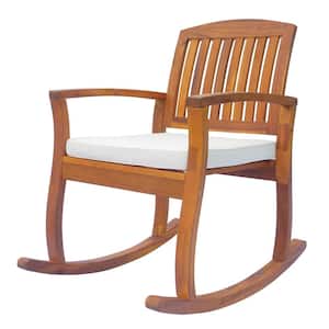Acacia Wood Outdoor Patio Rocking Chair with Cushioned Seat in White
