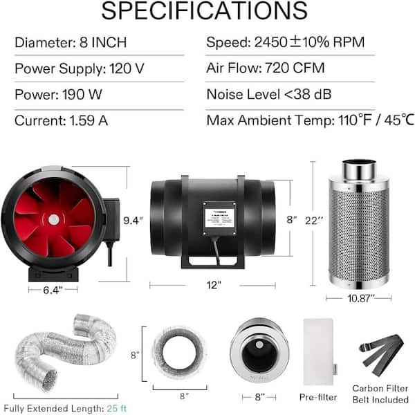  VIVOSUN Air Filtration Kit: 8 Inch 740 CFM Inline Fan