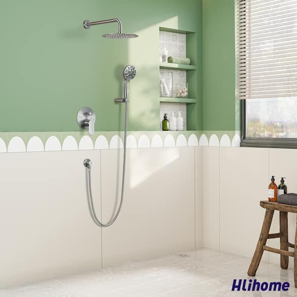 5-Spray Patterns 10 in. Wall Mounted Rain Fixed Shower Head w/ Dual Shower Heads with Pressure Balance in Brushed Nickel