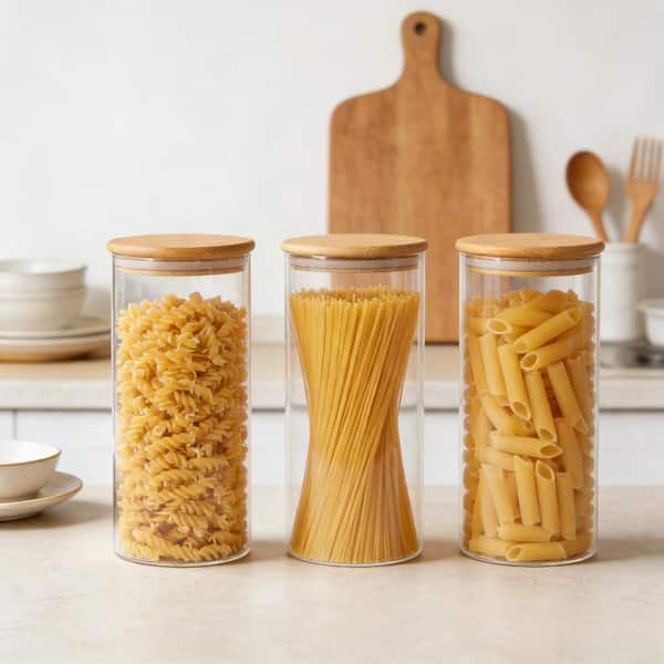 3-Piece Glass Food Storage Jar Kitchen Canisters Set with Airtight Bamboo Lids for Kitchen Pantry and Countertop