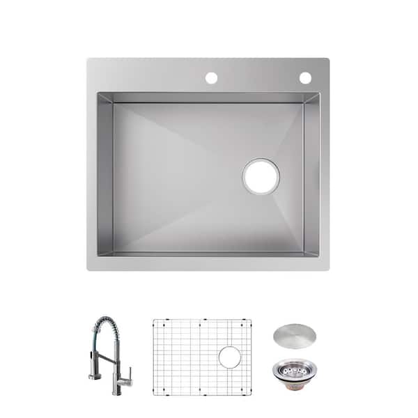 Professional Zero Radius 25 in. Drop-In Single Bowl 16 Gauge Stainless Steel Kitchen Sink with Spring Neck Faucet