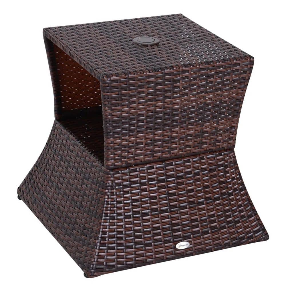 Outdoor Rattan Wicker Patio Side Table with Umbrella Hole 2-Tier Storage All-Weather Garden Furniture Mixed Brown price history on PriceWatchPro