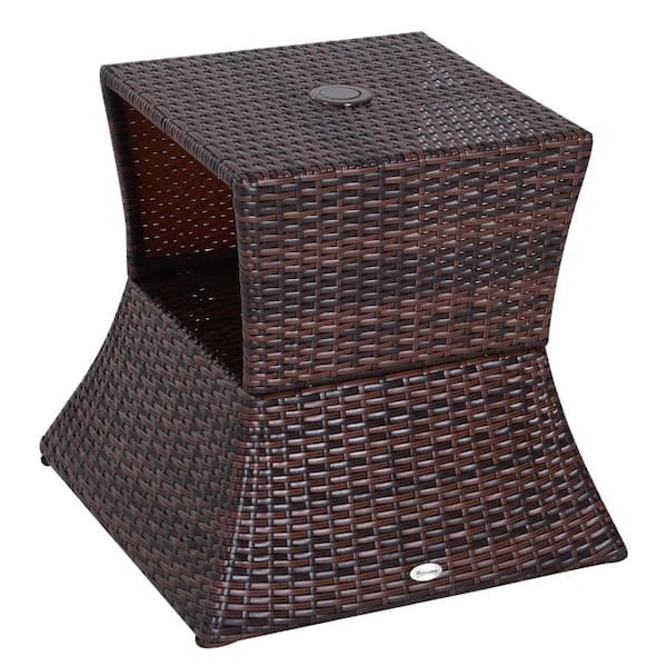 Outdoor Rattan Wicker Patio Side Table with Umbrella Hole 2-Tier Storage All-Weather Garden Furniture Mixed Brown