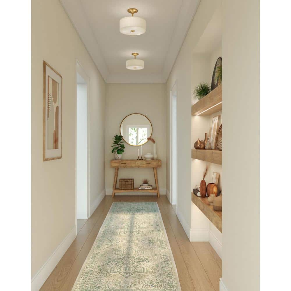 Satin Brass Semi-Flush Mount with Linen Shade
