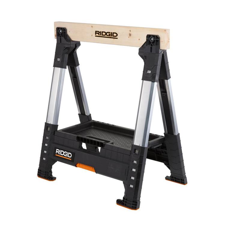 RIDGID 32 in. Polypropylene Folding Sawhorse with Adjustable Heavy Duty Metal Legs, 3000 lbs. Capacity, and Under Storage Space