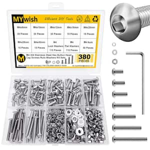 380-Pieces M4 Screw Nuts & Bolts Assortment Kit 304-Stainless Steel Button Head Socket Cap Metric Screws Bolts in Silver