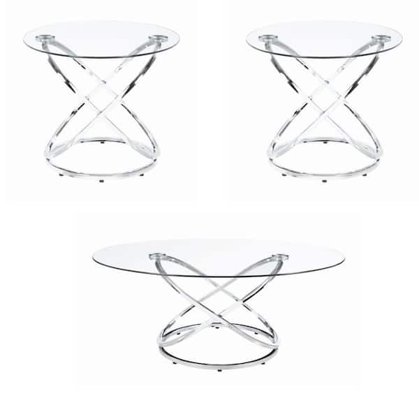 Benjara 47.5 in. Silver Round Glass Coffee Table with 2 End Tables