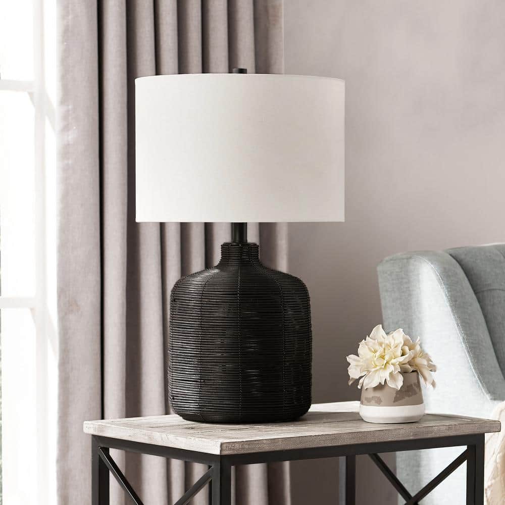 Petite Black Rattan Table Lamp with White Linen Shade