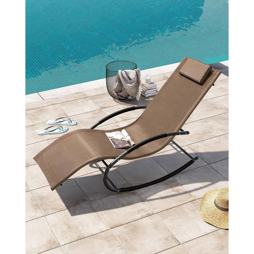 Brown Metal Frame Patio Rocking Chaise Lounge Chair with Texteline Sling Seat