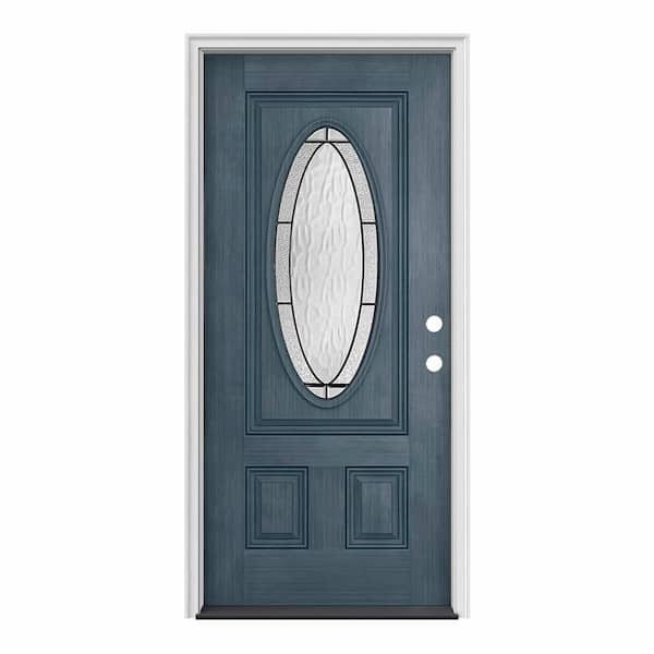 JELD-WEN 36 in. x 80 in. 3/4 Oval Lite Wendover Denim Stained Fiberglass Prehung Left-Hand Inswing Front Door