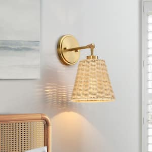 Adella 1-Light Brass Boho Natural Rattan Hardwired Wall Sconce with Adjustable Swivel Swing Arm