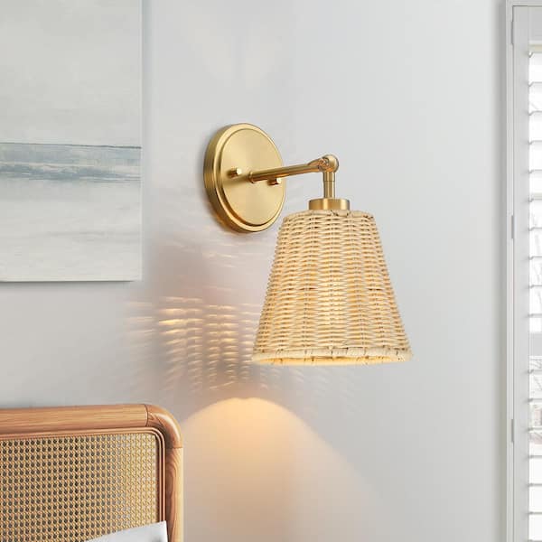 Adella 1-Light Gold Boho Natural Rattan Hardwired Wall Sconce with Adjustable Swivel Swing Arm