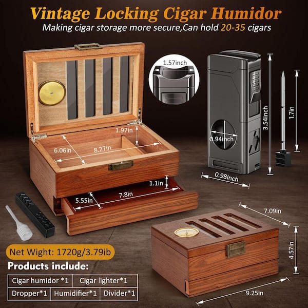 loose tobacco humidor Unbranded 10.2 in. W x 5.9 in. H Brown Cedar Wood Cigar w/Vintage Lock, Glass Top, Hygrometer, Humidifier, Lighter,Dropper SA1059B305 making it suitable for those with ample room MUXIANG Tobacco Jar Cigar Humiditor