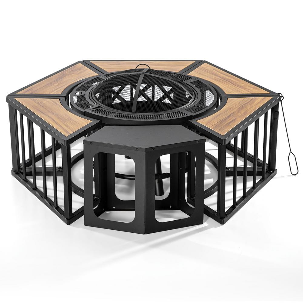 Outdoor Portable Fire Pit with 6 Side Tables Grill Charcoal Grills in Brown for Barbecue, Picnic, Party
