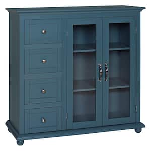 Dark Teal Kitchen Cabinet Storage Sideboard with Glass Door and 4-Drawers