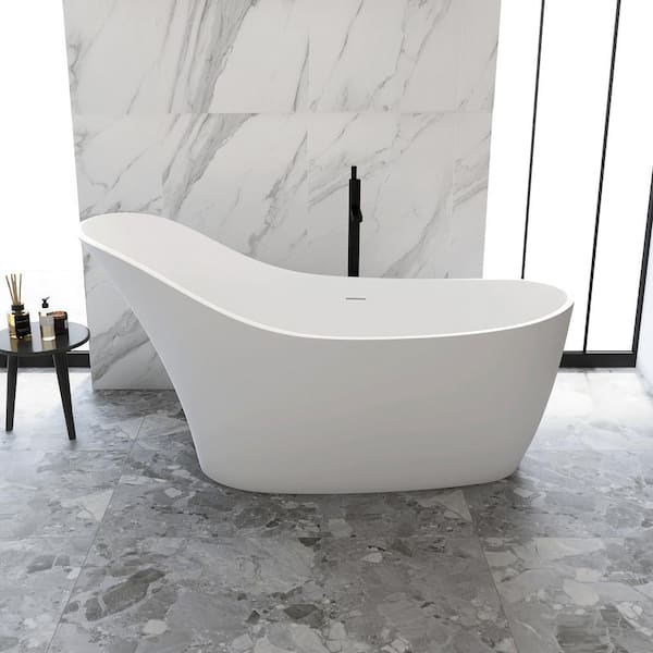 MEDUNJESS 67 in. x 30 in. Highback Stone Resin Solid Surface Matte Flatbottom Freestanding Soaking Bathtub in White