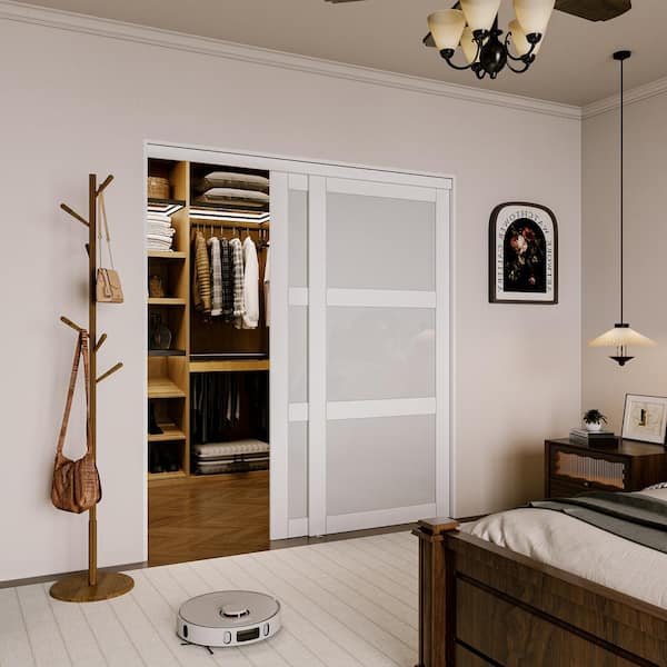 72 in. x 96 in. 3 Lite White Tempered Frosted Glass Closet Sliding Door with Hardware