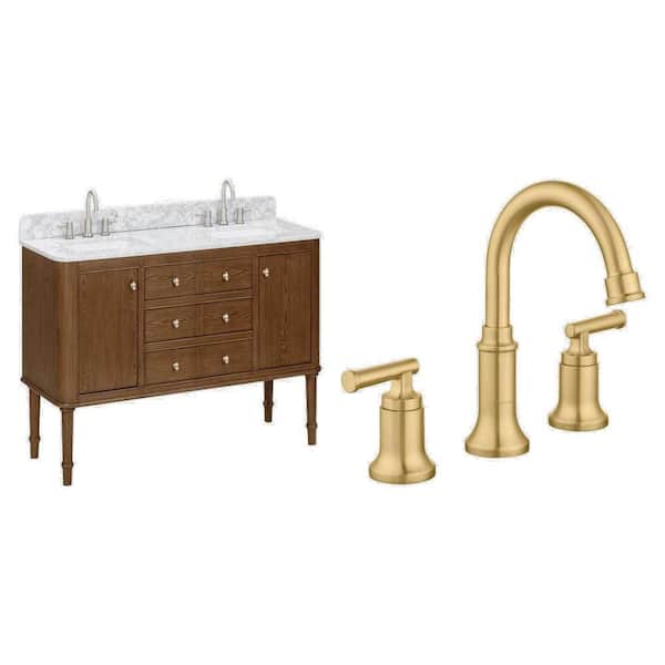 Collette 60 in. Double Sink Cinnamon Oak Vanity with White Marble Top and Brushed Gold Faucet (2-Pack) Combo