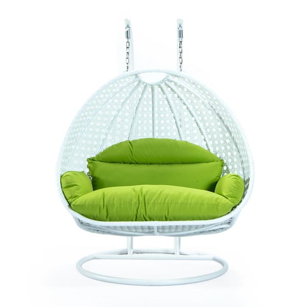 2-Person Egg Swing Chair White Wicker Outdoor Patio Hanging Chair with Dark Green Cushions