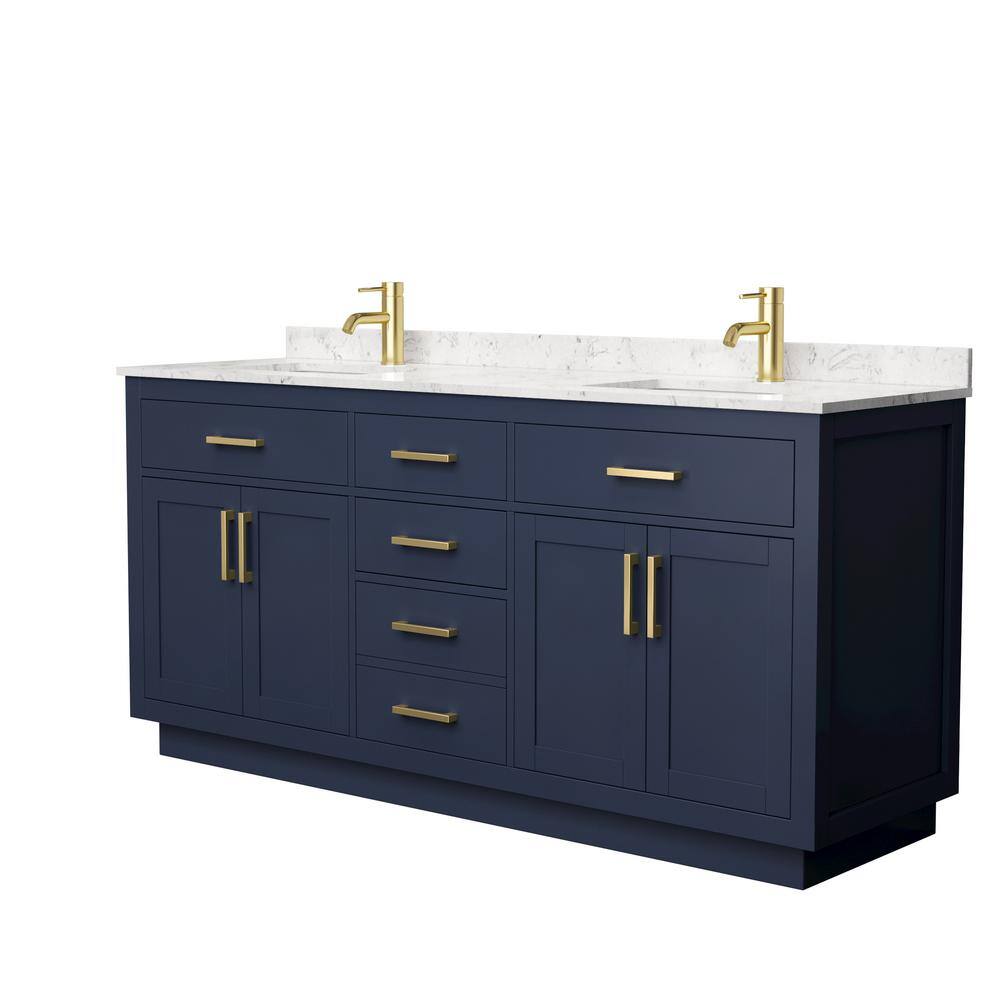 Wyndham Collection Beckett TK 72 in. W x 22 in. D x 35 in. H Double Bath Vanity in Dark Blue with Carrara Cultured Marble Top, Dark Blue with Brushed Gold Trim -  840193394025