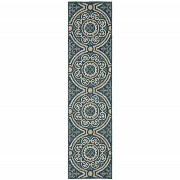 Blue, Gray 2 ft. x 8 ft. Loomed Polypropylene Rectangle Indoor/Outdoor Area Rug