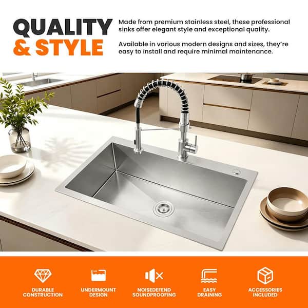 30 in. x 19 in. Stainless Steel Single Bowl Drop-In Kitchen Sink with Drain and Hooks in Brushed Nickel