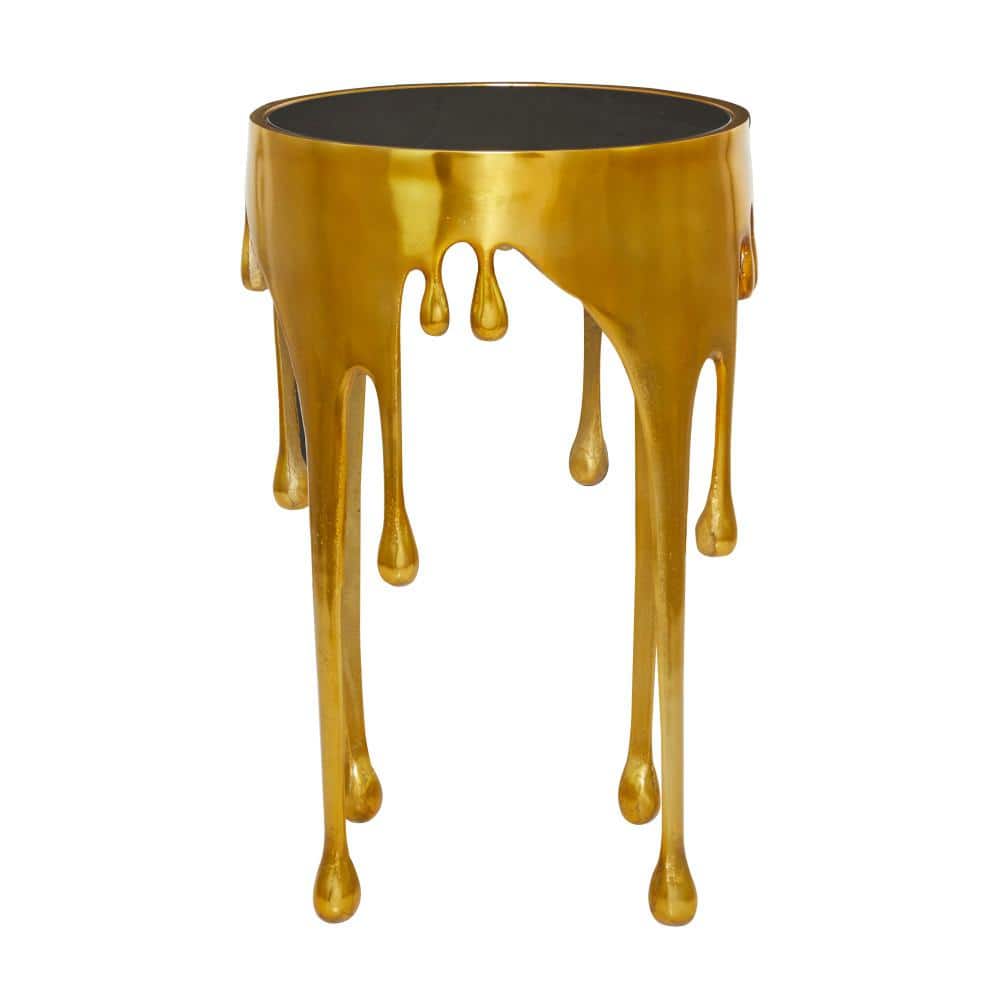 Gold Drip Round Aluminum Accent Table with Glass Top