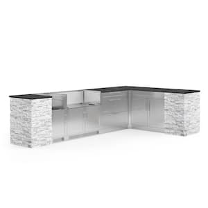 Signature 137.94 in. L x 25.5 in. D x 37 in. H 11-Piece L Shaped SS Outdoor Kitchen Cabinet in White Crystal Marble