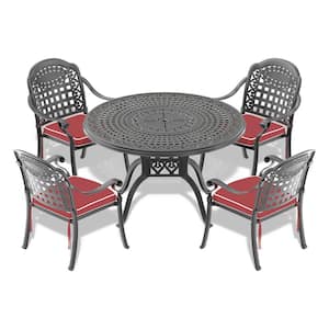 Isabella 5-Piece Cast Aluminum Outdoor Dining Set with 47.24 in. Round Table and Random Color Cushions