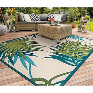 Covington Jungle Leaves Ivory-Forest Green 8 ft. x 8 ft. Round Indoor/Outdoor Area Rug