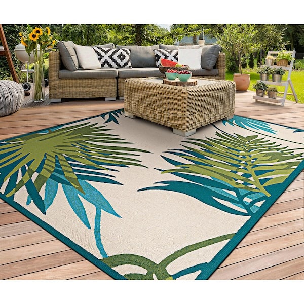 Covington Jungle Leaves Ivory-Forest Green 8 ft. x 8 ft. Round Indoor/Outdoor Area Rug