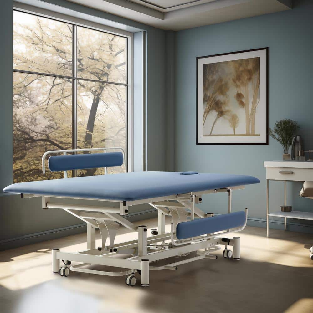 Adjustable Blue Leather and Steel Therapy Table
