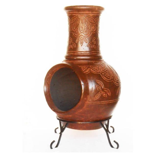 Unbranded 37 in. Clay KD Chiminea with Iron Stand (Scroll)