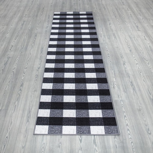 2 Pieces Modern Abstract Houndstooth Black Washable Door Mat Non-slip  Entryway Rug Set