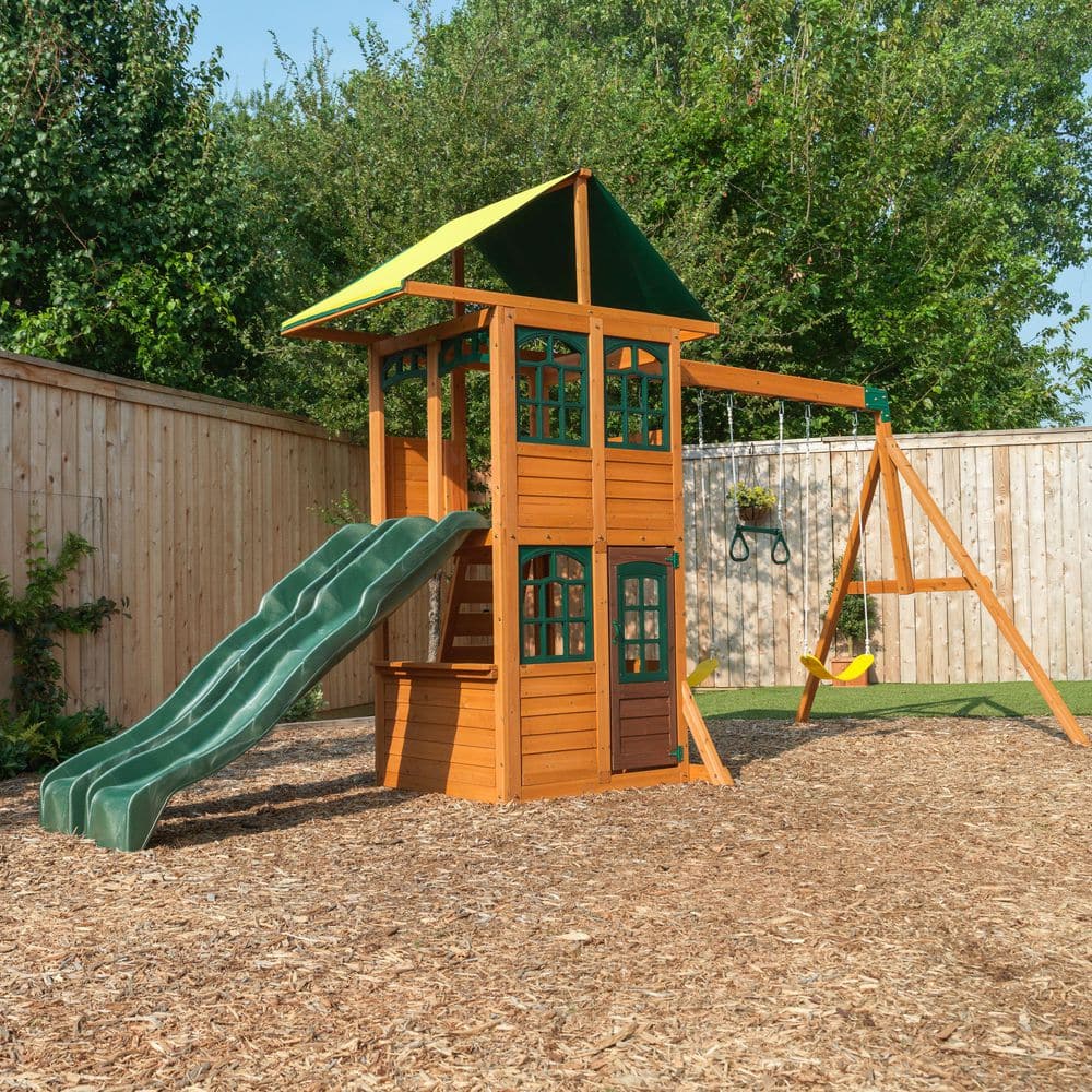 Treasure Cove Cedar Wooden Swing Set with Green Slides