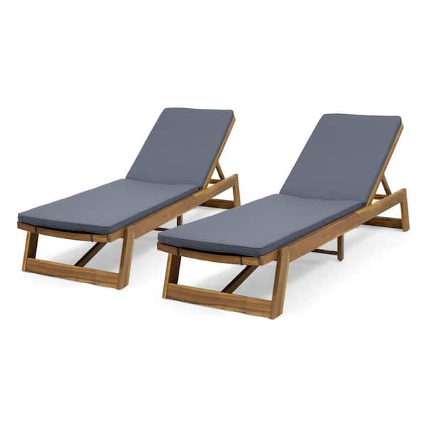 Maki Teak Brown 2-Piece Wood Outdoor Patio Chaise Lounge with Grey Cushions