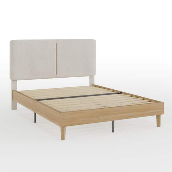 Upholstered Bed Frame with Linen Fabric Headboard, Strong Wood Slats Supports Platform Bed, Queen Size Bed, Beige