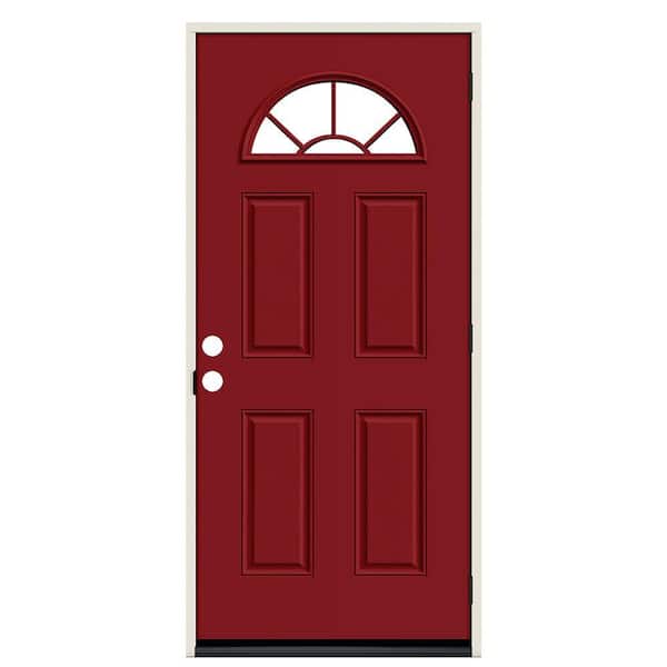 34 in. x 80 in. Fan Lite Cranberry Red Painted Steel Prehung Left-Hand Inswing Front Door with Brickmould