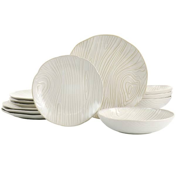 MARTHA STEWART Martha Stewart Wood Grain 12-Piece Stoneware Dinnerware Set in Off-White Service for 4