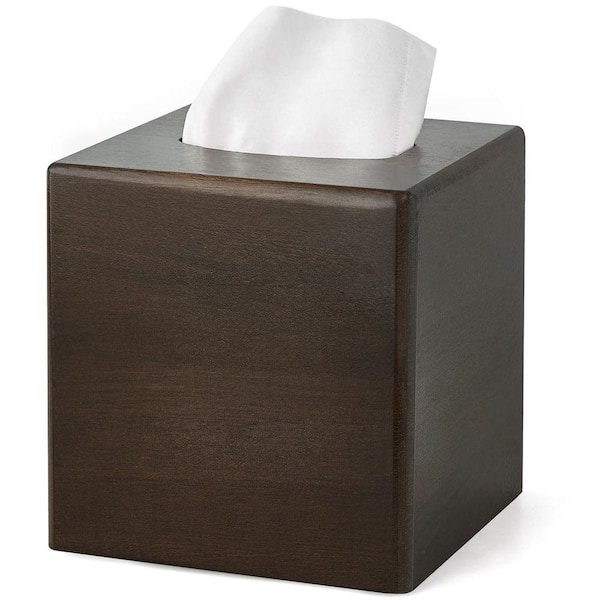 Dark Brown Wood Square Tissue Box Cover with Open Bottom for Bathroom, Bedroom, Living Room or Office