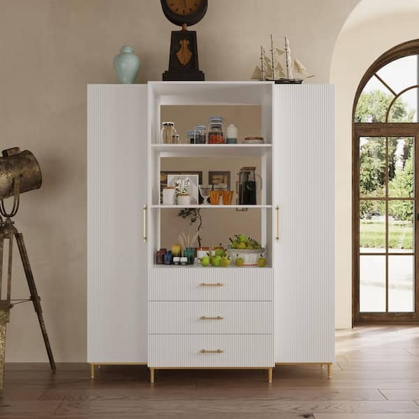 FUFU&GAGA White Wooden Bar Cabinet with 30.2 in. Height of Table with 2 Large Doors, 3 Drawers and 3 Open Shelves with Mirror Back