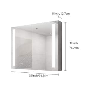36 in. W x 30 in. H Rectangular Silver Aluminum Recessed/Surface Mount Medicine Cabinet with Mirror LED, Frameless
