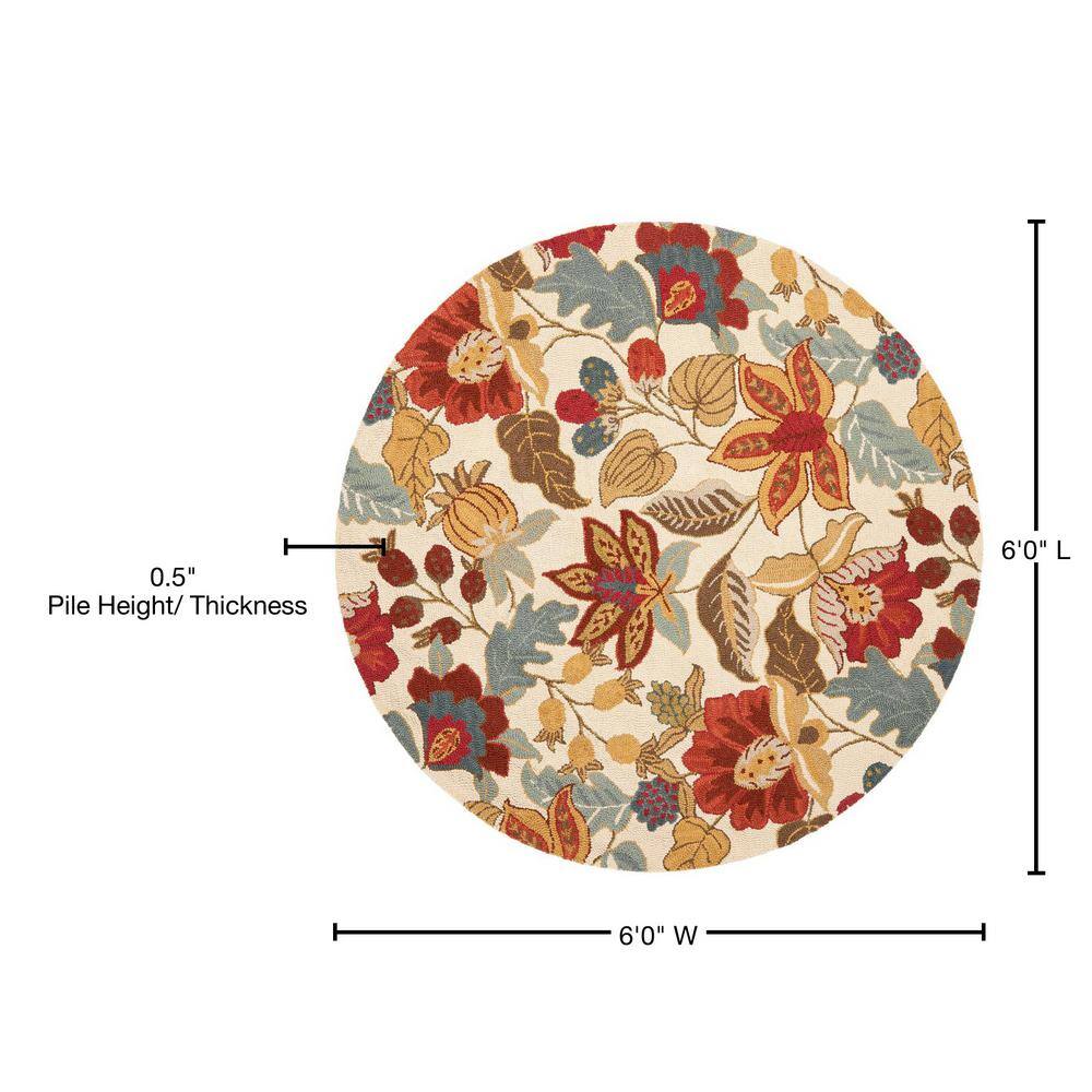 Handmade Ivory and Multicolor Floral Wool Round Area Rug, 6'