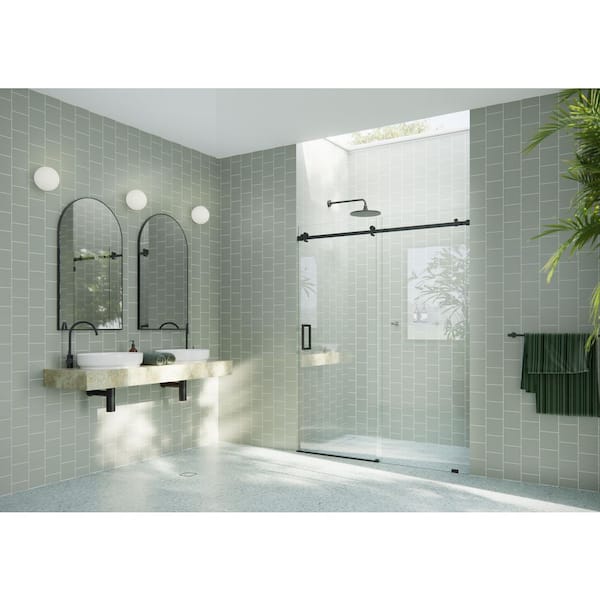 Astro 60 in. W x 78 in. H Sliding Frameless Shower Door with Square Hardware in Matte Black with Clear Glass